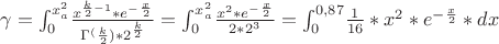 $\gamma= {\int^{x^2_a}_0}{\frac{x^{{\frac k2}-1}*{e^-^{\frac{x}{2}}}} {{\Gamma^(\frac{k}{2})}*2^\frac{k}{2}} = {\int^{x^2_a}_0}{\frac{{x^2}*{e^-^{\frac{x}{2}}}}{2*2^3}={\int^{0,87}_0} \frac{1}{16}*x^2*{e^-^{\frac{x}{2}}}*dx$
