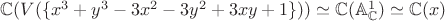 $\mathbb{C}(V(\lbrace x^3+y^3-3x^2-3y^2+3xy+1 \rbrace)) \simeq \mathbb{C}(\mathbb{A}^{1}_{\mathbb{C}}) \simeq \mathbb{C}(x)$