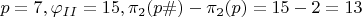 $p=7, \varphi_{II}=15, \pi_2(p\#)-\pi_2(p)=15-2=13$