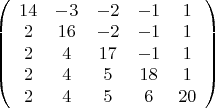 $\left( \begin{array}{ccccc} 14 & -3 & -2 & -1 & 1 \\ 2 & 16 & -2 & -1 & 1 \\ 2 & 4 & 17 & 
-1 & 1 \\ 2 & 4 & 5 & 18 & 1 \\ 2 & 4 & 5 & 6 & 20 \end{array} \right)$