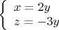 $
\left\{ \begin{array}{l} 
x=2y\\ 
z=-3y
\end{array} \right. 
$