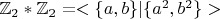 $\mathbb Z_2*\mathbb Z_2 = <\{a, b\}|\{a^2, b^2\}> $