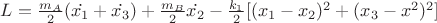 $L=\frac{m_A}{2}(\dot{x_1}+\dot{x_3})+\frac{m_B}{2}\dot{x_2}-\frac{k_1}{2}[(x_1-x_2)^2+(x_3-x^2)^2]$