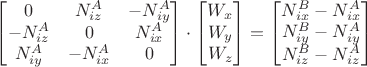 $\begin{bmatrix}
 0& N_{iz}^A  &-N_{iy}^A \\
 -N_{iz}^A&  0&N_{ix}^A \\
 N_{iy}^A&  -N_{ix}^A& 0
\end{bmatrix}\cdot\begin{bmatrix}
  W_x\\
  W_y\\
  W_z
\end{bmatrix}=\begin{bmatrix}
 N_{ix}^B - N_{ix}^A\\
 N_{iy}^B - N_{iy}^A\\
 N_{iz}^B - N_{iz}^A 
\end{bmatrix}$