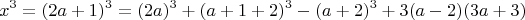 $$ x^3 = (2a + 1)^3 =  (2a)^3 +(a+1+2)^3 - (a+2)^3 + 3(a-2)(3a+3)  $$