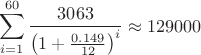 $$\sum\limits_{i=1}^{60}\frac{3063 }{\left(1+\frac{0.149}{12}\right)^i}\approx 129000$$