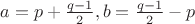 $a = p+\frac{q-1}2, b=\frac{q-1}2-p$