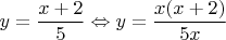 $y = \dfrac{x + 2}{5} \Leftrightarrow y = \dfrac{x(x + 2)}{5x}$