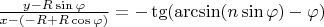 $\frac{y-R \sin \varphi}{x-(-R + R \cos \varphi)} = - \tg(\arcsin(n \sin \varphi) - \varphi)$