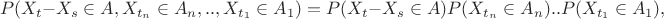 $$P(X_t-X_s\in A, X_{t_n}\in A_n,..,X_{t_1}\in A_1)=P(X_t-X_s\in A)P(X_{t_n}\in A_n)..P(X_{t_1}\in A_1),$$