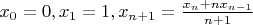 $x_0 = 0, x_1 = 1, x_{n+1} = \frac{x_n + nx_{n-1}}{n + 1}$