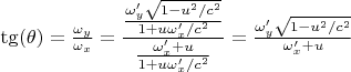 $\tg(\theta) = \tfrac{\omega_y}{\omega_x} = \tfrac{\tfrac{\omega_y'\sqrt{1-u^2/c^2}}{1+u\omega_x' / c^2}}{\tfrac{\omega_x'+u}{1+u\omega_x' / c^2}} = \tfrac{\omega_y'\sqrt{1-u^2/c^2}}{\omega_x'+u}$