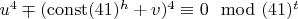 $u^4\mp(\operatorname{const}(41)^h+v)^4\equiv 0 \mod (41)^t$