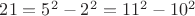 $21=5^2-2^2=11^2-10^2$