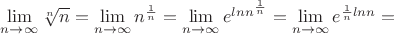 $\lim\limits_{n \to \infty} \sqrt[n]{n} = \lim\limits_{n \to \infty}n^\frac{1}{n} = \lim\limits_{n \to \infty}e^{lnn^\frac{1}{n}} = \lim\limits_{n \to \infty}e^{\frac{1}{n}lnn} =$