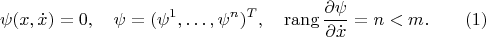 $$\psi(x,\dot x)=0,\quad \psi=(\psi^1,\ldots,\psi^n)^T,\quad \mathrm{rang}\,\frac{\partial \psi}{\partial\dot x}=n<m.\qquad (1)$$
