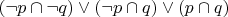 $(\neg p\cap \neg q) \vee (\neg p\cap q) \vee (p\cap q)$