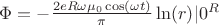 $\Phi = -\frac{2eR\omega\mu_0\cos(\omega t)}{\pi}\ln(r) \bigg_|\limits{0}^{R}$