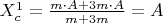 $X^{1}_{c}=\frac{m \cdot A + 3m \cdot A}{m+3m}=A$