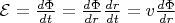 $\mathcal E=\frac{d\Phi}{dt}=\frac{d\Phi}{dr}\frac{dr}{dt}=v\frac{d\Phi}{dr}$