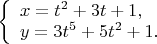 $\left\{\begin{array}{l}
x = t^2+3t+1, \\
y=3t^5+5t^2+1.
\end{array} \right$