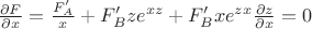 $\frac{\partial F}{\partial x}=\frac{F'_A}{x}+F'_{B}ze^{xz}+F'_{B}xe^{zx}\frac{\partial z}{\partial x}=0$