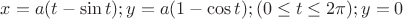 $x=a(t-\sin t); y= a(1-\cos t); (0 \le t \le 2\pi); y=0$