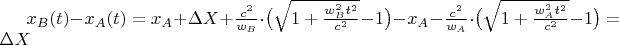 $x_B(t)-x_A(t)= x_A+\Delta X+\frac{c^2}{w_B}\cdot\big(\sqrt{1+\frac{w_B^2t^2}{c^2}}-1\big)- x_A-\frac{c^2}{w_A}\cdot\big(\sqrt{1+\frac{w_A^2t^2}{c^2}}-1\big)=\Delta X$