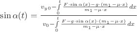 $\sin\alpha(t)=\frac{v_y_0-\int\limits_{0}^{t}\frac{F\cdot\sin\alpha(x)-g\cdot(m_1-\mu\cdot x)}{m_1-\mu\cdot x}dx}{v_0-\int\limits_{0}^{t}\frac{F-g\cdot\sin\alpha(x)\cdot(m_1-\mu\cdot x)}{m_1-\mu\cdot x}dx}$