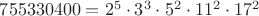$755330400= 2^5\cdot3^3\cdot5^2\cdot11^2\cdot17^2$