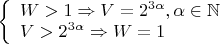 $\left\{
\begin{array}{lcl}
 W>1\Rightarrow V=2^{3\alpha}, \alpha\in\mathbb{N} \\
 V>2^{3\alpha}\Rightarrow W=1\\
\end{array}
\right.$