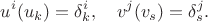 $$u^i(u_k)=\delta_k^i,\quad v^j(v_s)=\delta^j_s.$$ $$u^i(u_k)=\delta_k^i,\quad v^j(v_s)=\delta^j_s.$$