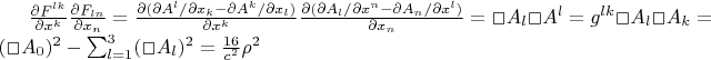 $\frac{\partial F^{l k}}{\partial x^k}\frac{\partial F_{l n}}{\partial x_n}=
\frac{\partial (\partial A^l/\partial x_k - \partial A^k/\partial x_l) }{\partial x^k}\frac{\partial (\partial A_l/\partial x^n - \partial A_n/\partial x^l)}{\partial x_n}=\Box A_l \Box A^l = g^{lk} \Box A_l \Box A_k=(\Box A_0)^2-\sum_{l=1}^3 (\Box A_l)^2 =\frac{16}{c^2} \rho^2 $