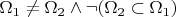 $\Omega_1\neq \Omega_2 \land \neg (\Omega_2 \subset \Omega_1)$
