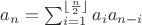 $a_n=\sum_{i=1}^{\lfloor\frac{n}{2}\rfloor}a_i a_{n-i}$