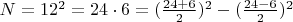 $ N = 12^2=24\cdot 6=(\frac {24+6}{2})^2-(\frac {24-6}{2})^2$