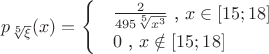 $p_{\sqrt[5]{\xi}}(x)=\begin{cases}
 & \frac{2}{495\sqrt[5]{x^3}} \text{ , } x\in\left [ 15; 18 \right ] \\ 
 & 0 \text{ , } x\notin\left [ 15; 18 \right ]
\end{cases} $