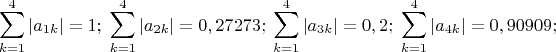 $$\sum_{k=1}^4|a_{1k}| = 1; \; 
\sum_{k=1}^4|a_{2k}| = 0,27273; \; 
\sum_{k=1}^4|a_{3k}| = 0,2; \;
\sum_{k=1}^4|a_{4k}| = 0,90909;$$