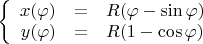 $\left\{
\begin{array}{rcl}
x(\varphi)&=&R(\varphi-\sin\varphi)\\
y(\varphi)&=&R(1-\cos\varphi)\\
\end{array}
\right.$