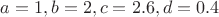$a = 1, b  = 2, c = 2.6, d = 0.4$