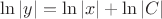 $\ln|y|=\ln|x|+\ln|C|$