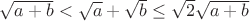$\sqrt{a+b}<\sqrt{a}+\sqrt{b}\le\sqrt{2}\sqrt{a+b}$