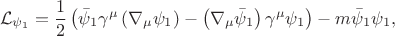 $$
\mathcal{L}_{\psi_{1}} =
\frac{1}{2} \left( \bar{\psi}_{1} \gamma^\mu \left( \nabla_{\mu} \psi_{1} \right) - \left( \nabla_{\mu} \bar{\psi}_{1} \right) \gamma^\mu  \psi_{1} \right) - m \bar{\psi}_{1} \psi_{1},
$$