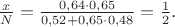 $\frac{x}{N}=\frac{0,64\cdot 0,65}{0,52+0,65\cdot 0,48}=\frac{1}{2}.$