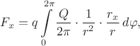 $$F_x=q\int\limits_0^{2\pi}\dfrac{Q}{2\pi}\cdot\dfrac1{r^2}\cdot\dfrac{r_x}r\,d\varphi,$$