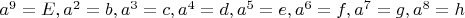 $a^9=E, a^2=b, a^3=c, a^4=d, a^5=e, a^6=f, a^7=g, a^8=h$