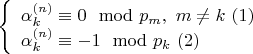 $\left\{\begin{array}{l}\alpha_k^{(n)}\equiv 0\mod p_m},\ m\ne k\ (1)\\ \alpha_k^{(n)}\equiv -1\mod p_k\ (2)\end{array}\right.$