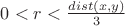 $0<r<\frac{dist(x,y)}{3}$