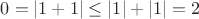 $0 = |1 + 1| \leq |1| + |1| = 2$