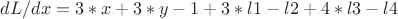 $dL/dx = 3*x + 3*y - 1 + 3*l1 - l2 + 4*l3 - l4$